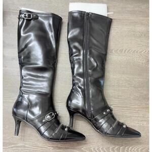 Wild Pair Black Crinkle Monro Buckle Knee Length Boots Women